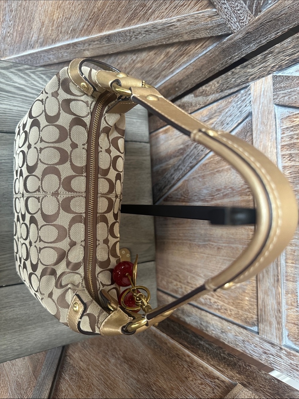 Coach Signature C Penelope Jacquard Logo Gold Leather Trim & Coach Cherry Charm - Picture 6 of 16